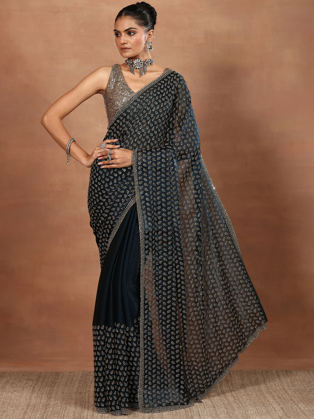Blue Embellished Organza Sarees With Unstitched Blouse Piece