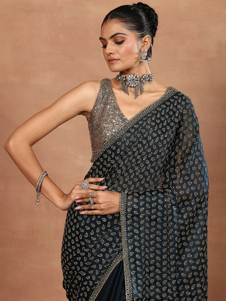 Blue Embellished Organza Sarees With Unstitched Blouse Piece