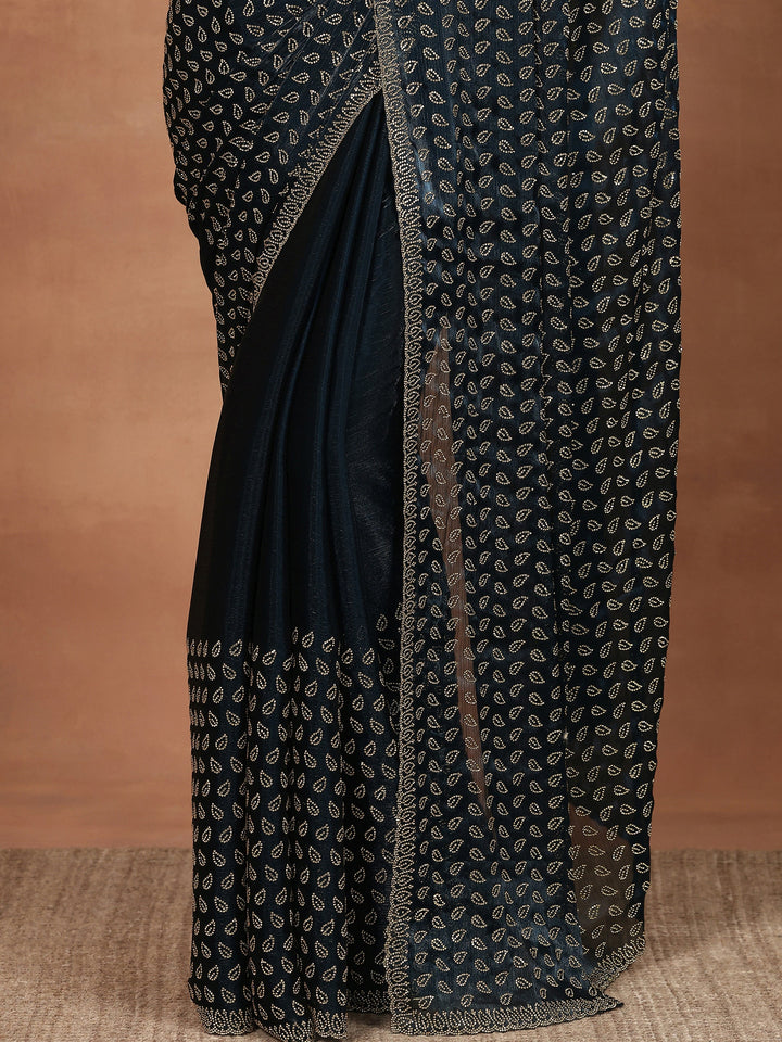 Blue Embellished Organza Sarees With Unstitched Blouse Piece