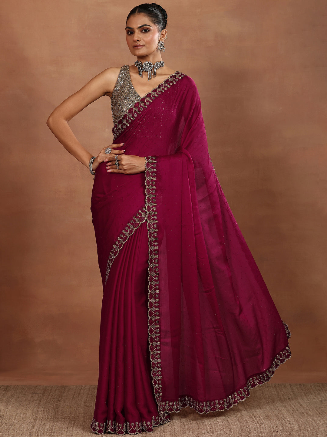 Red Embellished Silk Blend Sarees With Unstitched Blouse Piece