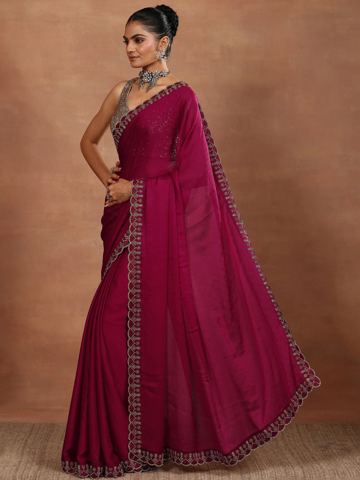 Red Embellished Silk Blend Sarees With Unstitched Blouse Piece