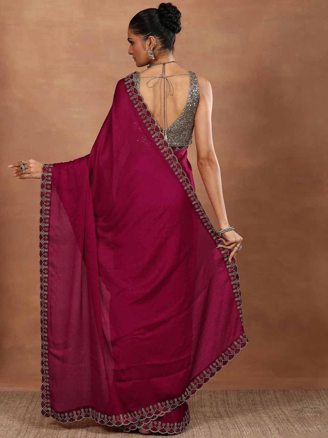 Red Embellished Silk Blend Sarees With Unstitched Blouse Piece