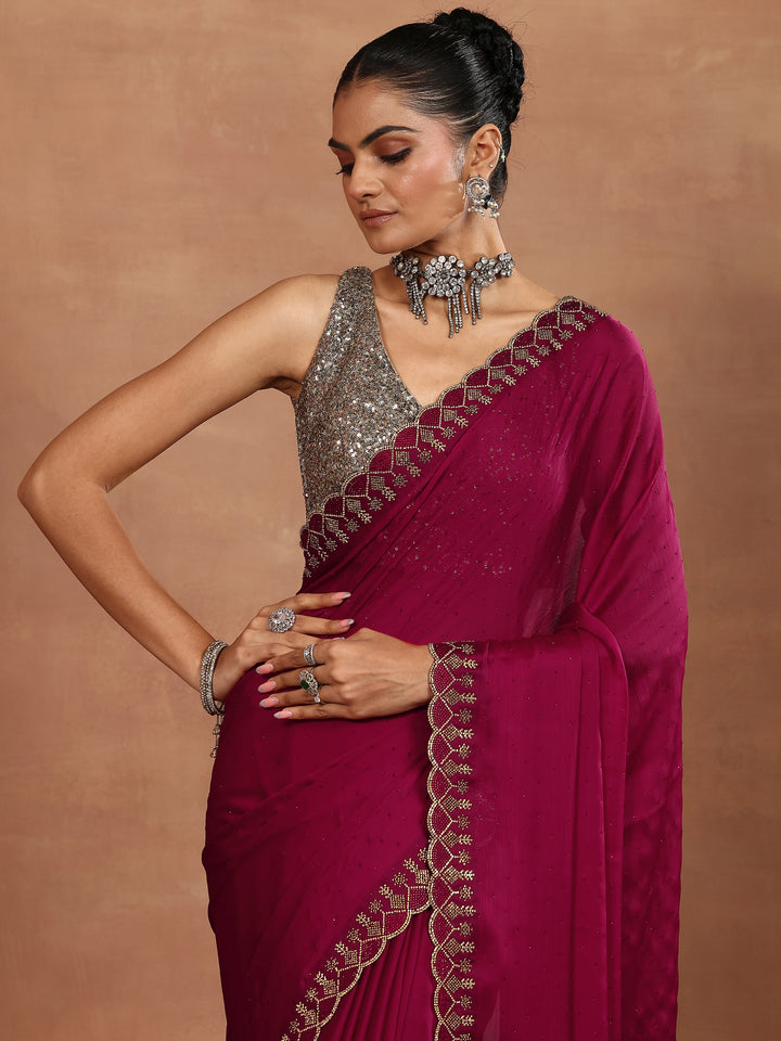 Red Embellished Silk Blend Sarees With Unstitched Blouse Piece