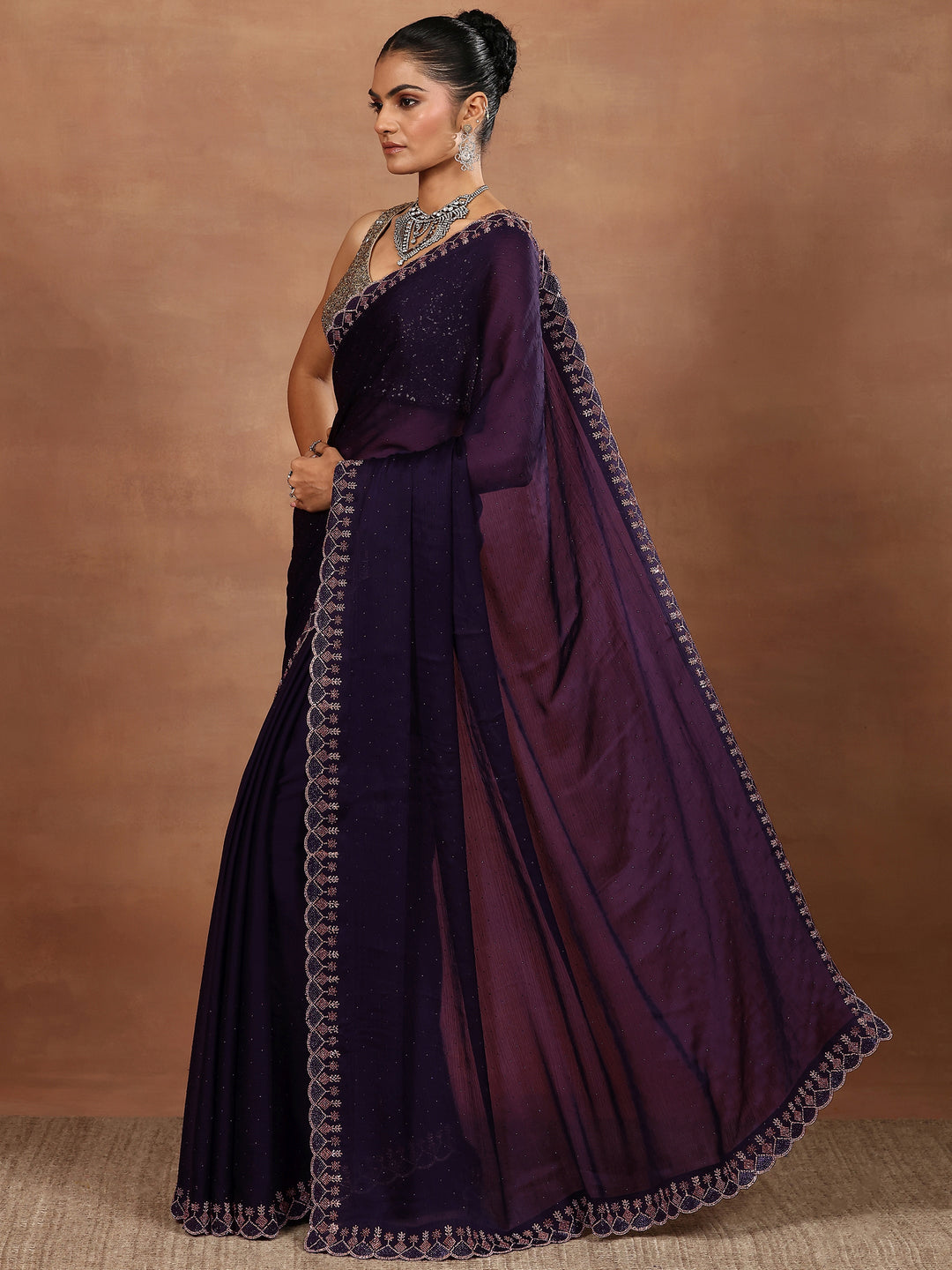 Purple Embellished Silk Blend Sarees With Unstitched Blouse Piece