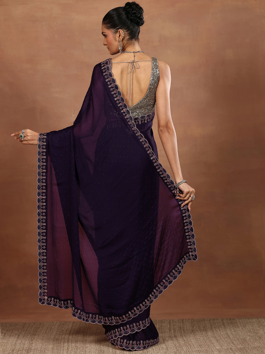 Purple Embellished Silk Blend Sarees With Unstitched Blouse Piece