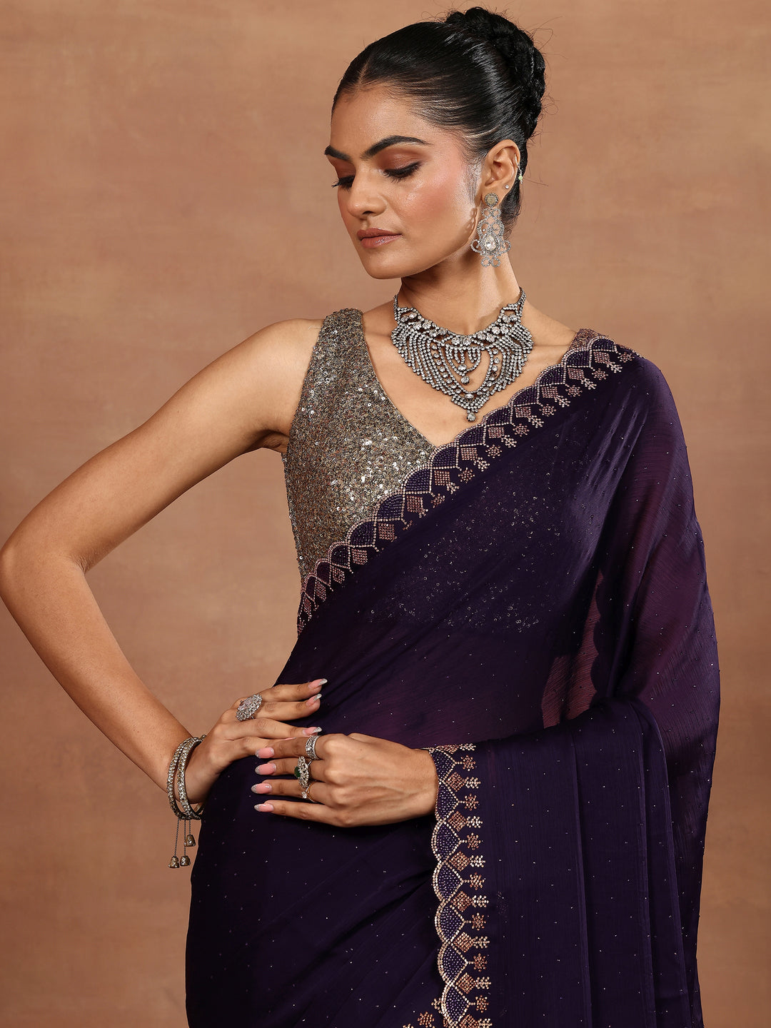 Purple Embellished Silk Blend Sarees With Unstitched Blouse Piece