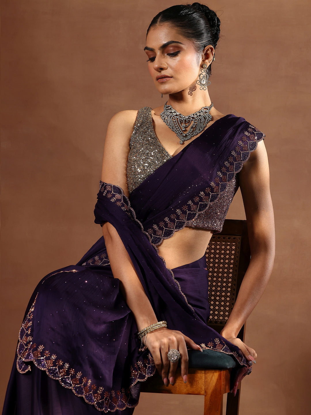 Purple Embellished Silk Blend Sarees With Unstitched Blouse Piece