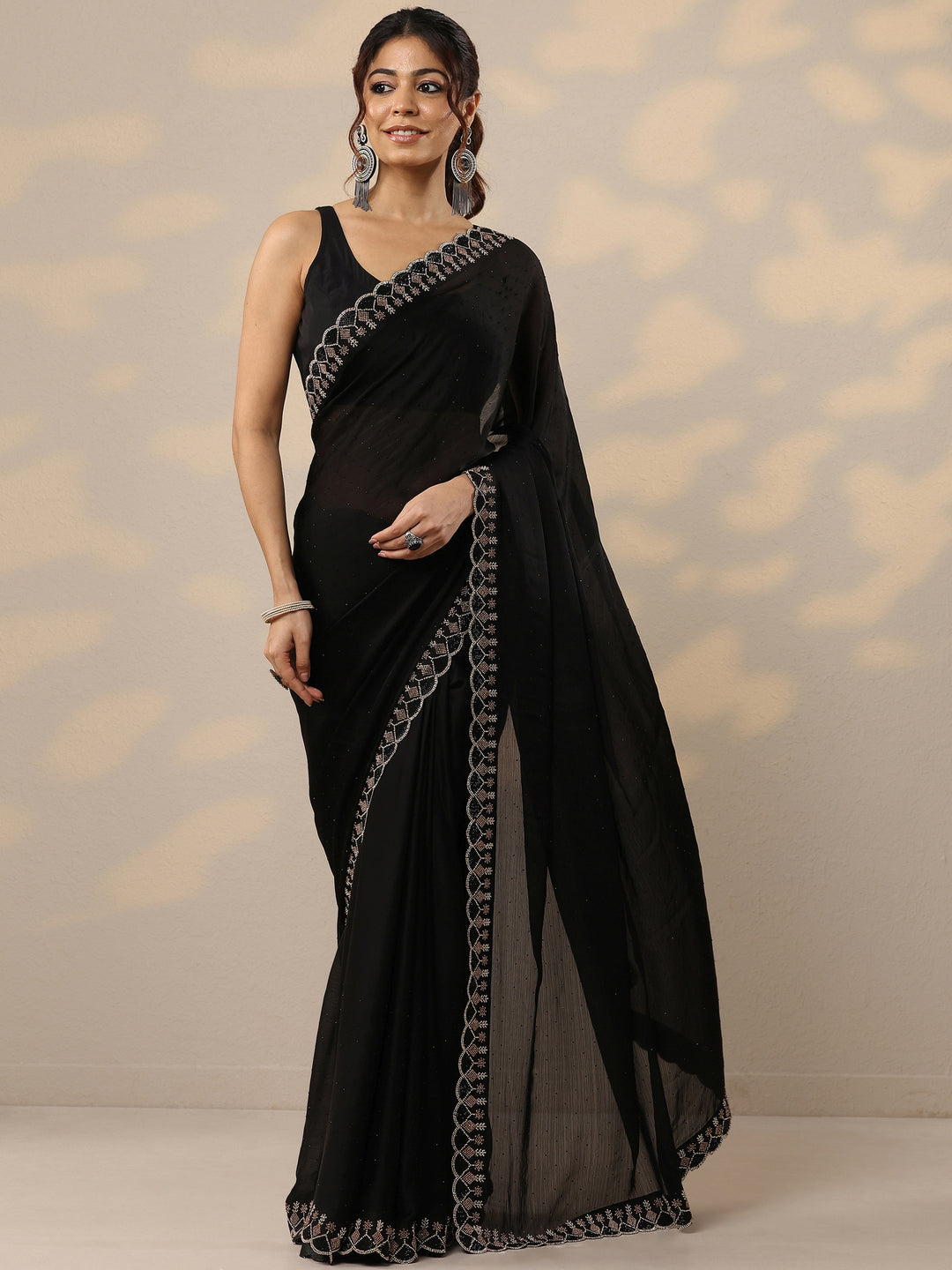 Black Embellished Silk Blend Sarees With Unstitched Blouse Piece