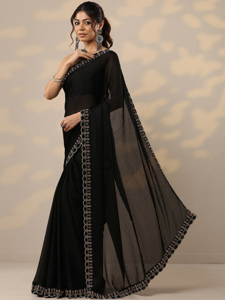 Black Embellished Silk Blend Sarees With Unstitched Blouse Piece