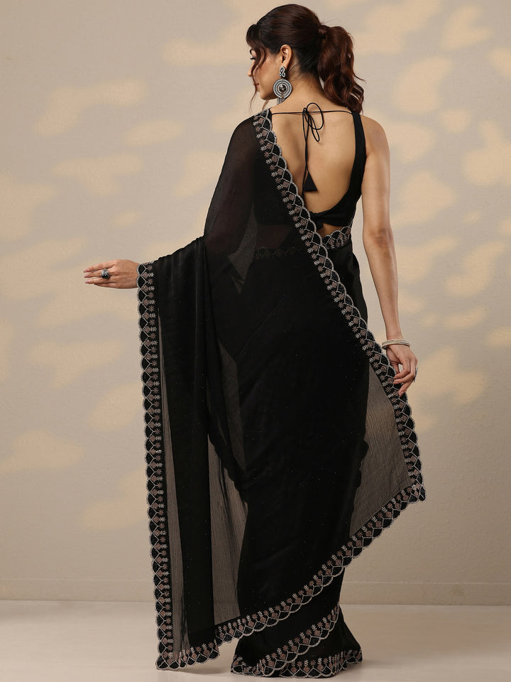 Black Embellished Silk Blend Sarees With Unstitched Blouse Piece
