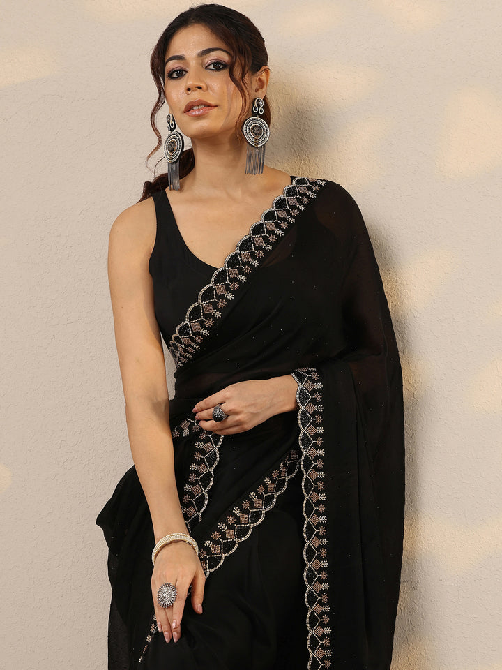 Black Embellished Silk Blend Sarees With Unstitched Blouse Piece