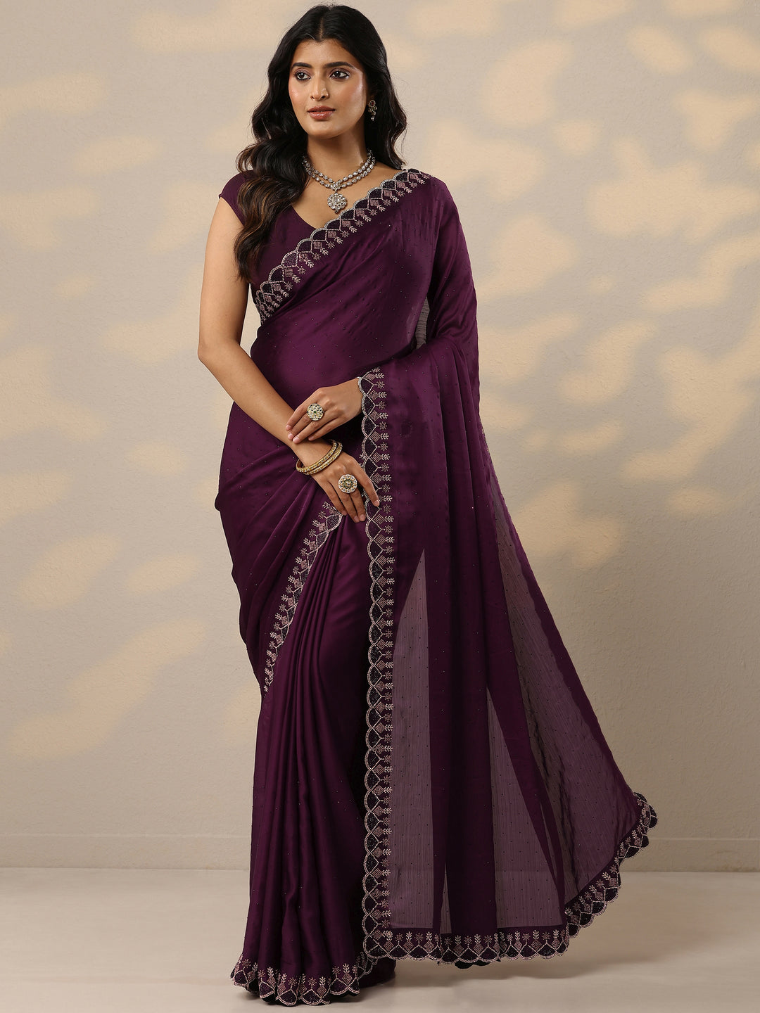 Burgundy Embellished Silk Blend Sarees With Unstitched Blouse Piece