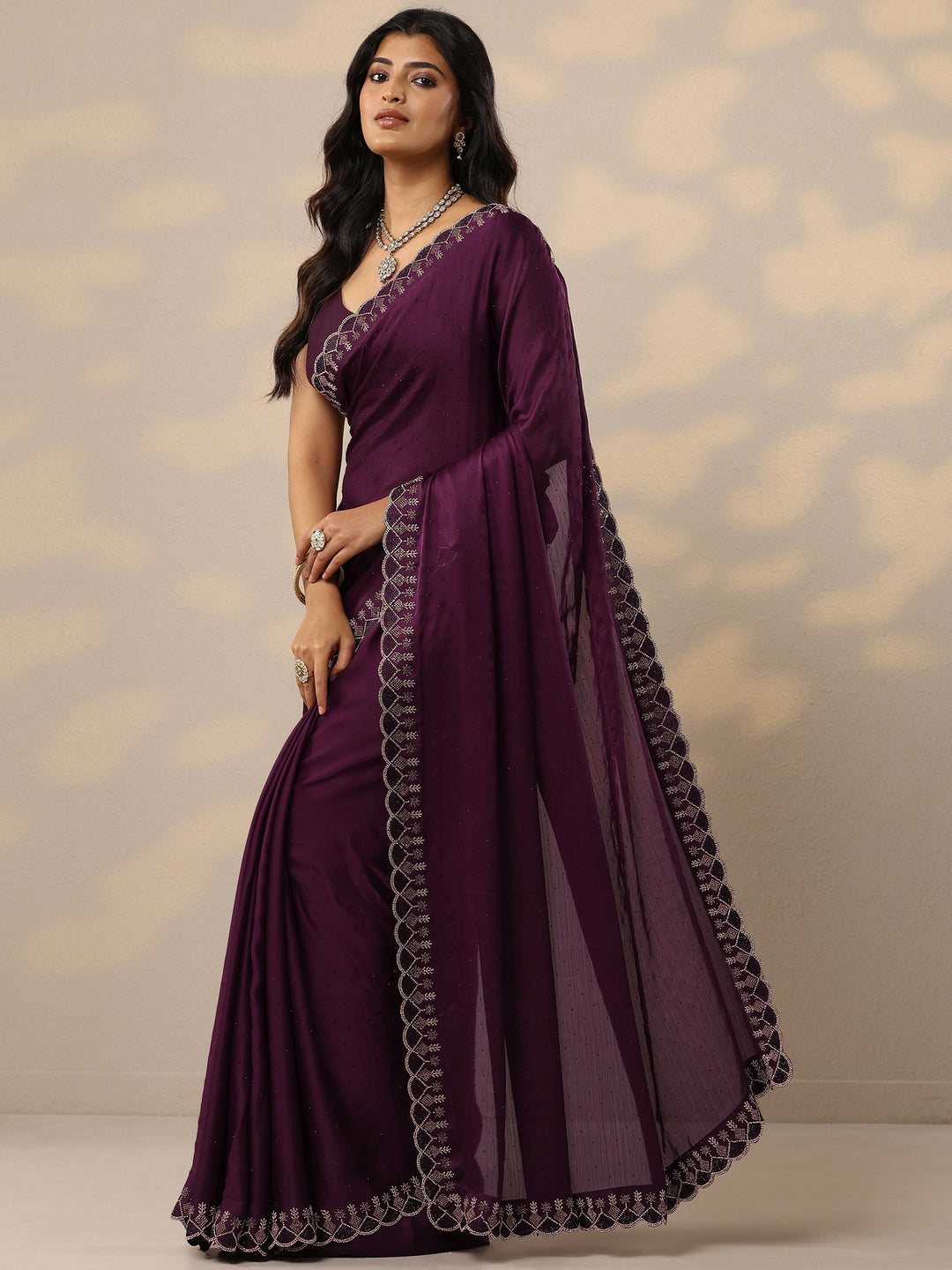 Burgundy Embellished Silk Blend Sarees With Unstitched Blouse Piece