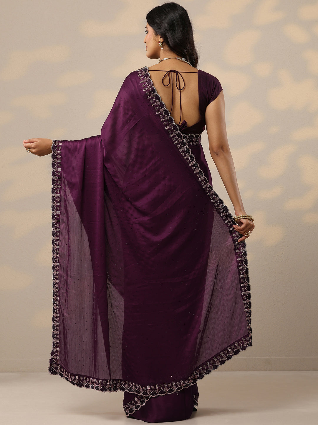 Burgundy Embellished Silk Blend Sarees With Unstitched Blouse Piece