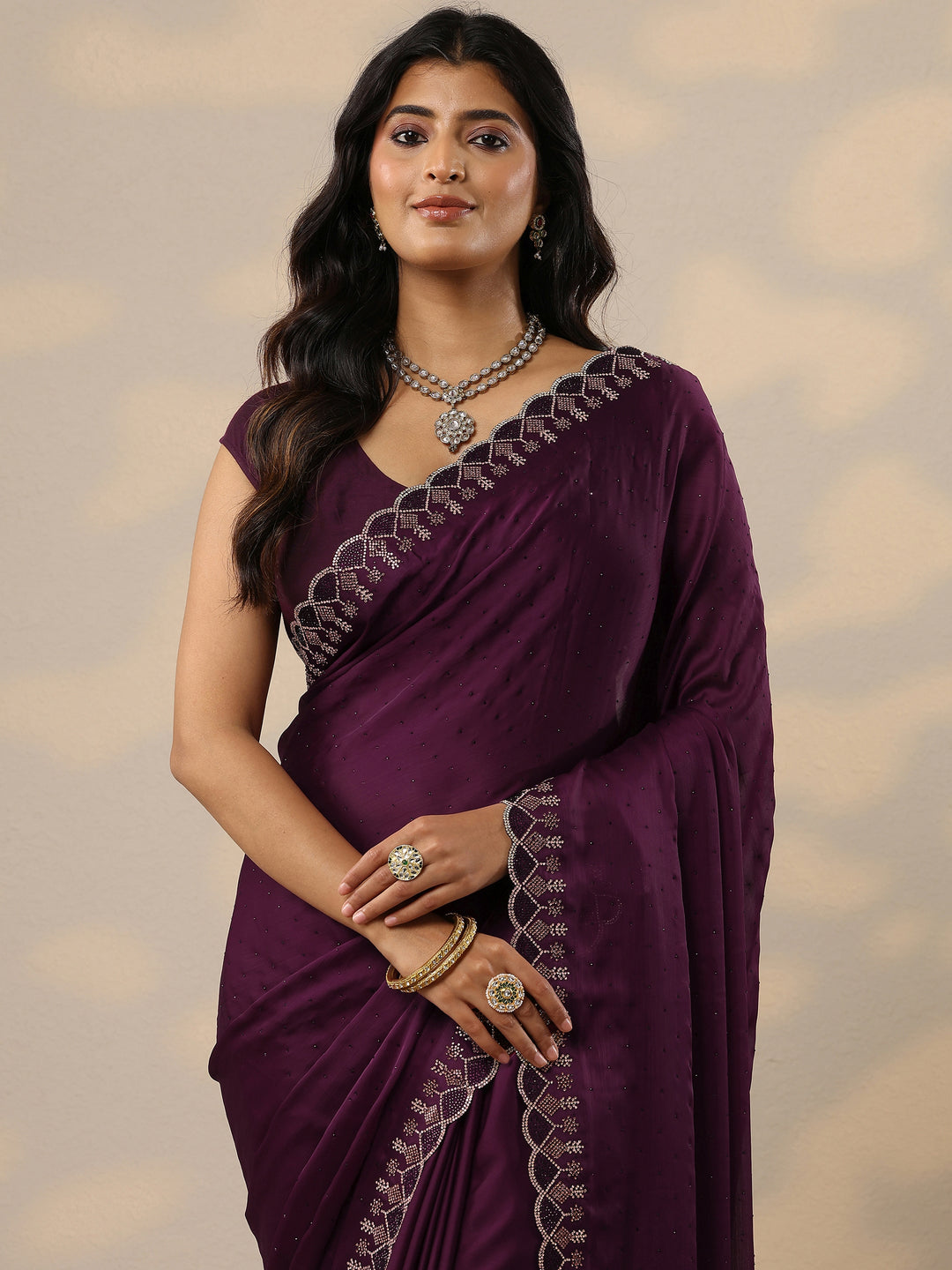 Burgundy Embellished Silk Blend Sarees With Unstitched Blouse Piece