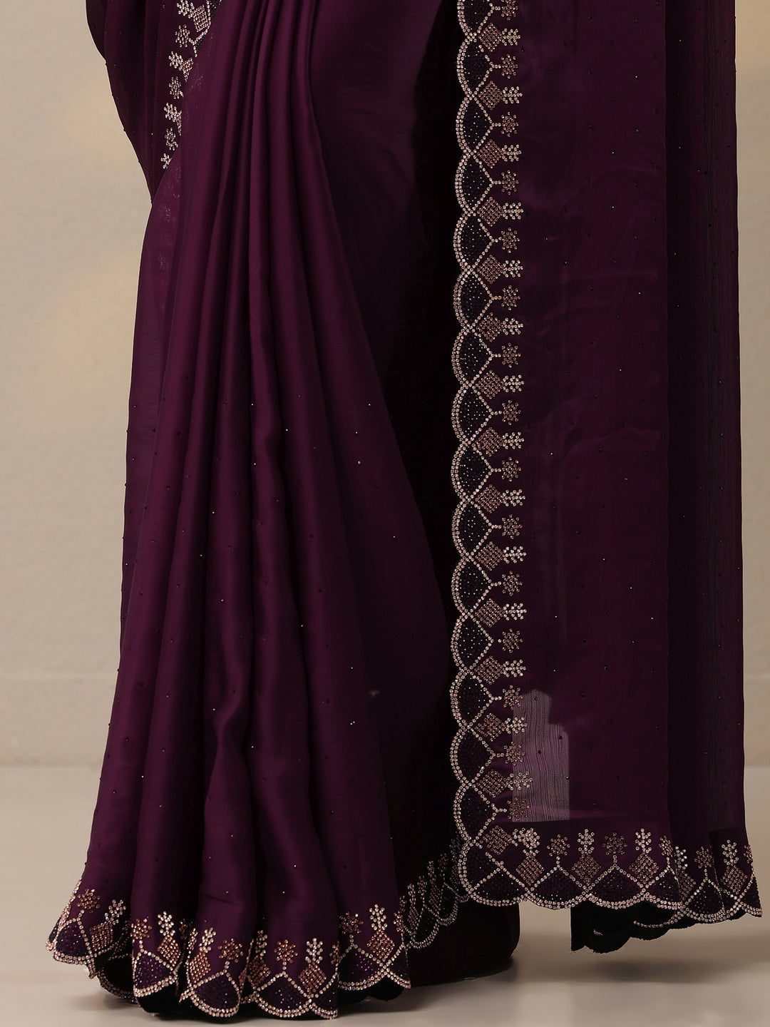 Burgundy Embellished Silk Blend Sarees With Unstitched Blouse Piece