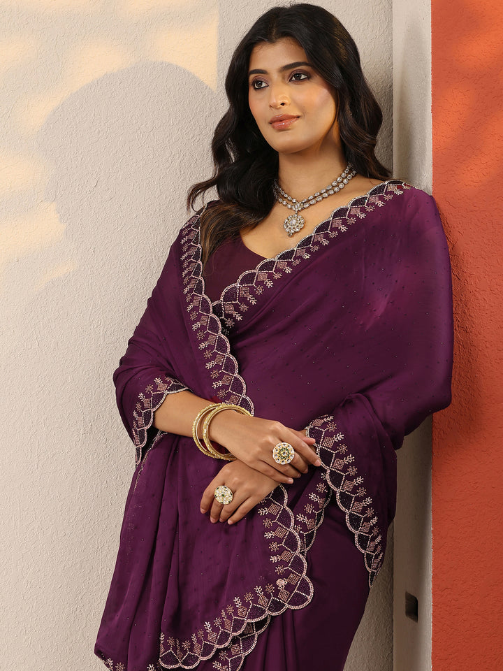 Burgundy Embellished Silk Blend Sarees With Unstitched Blouse Piece