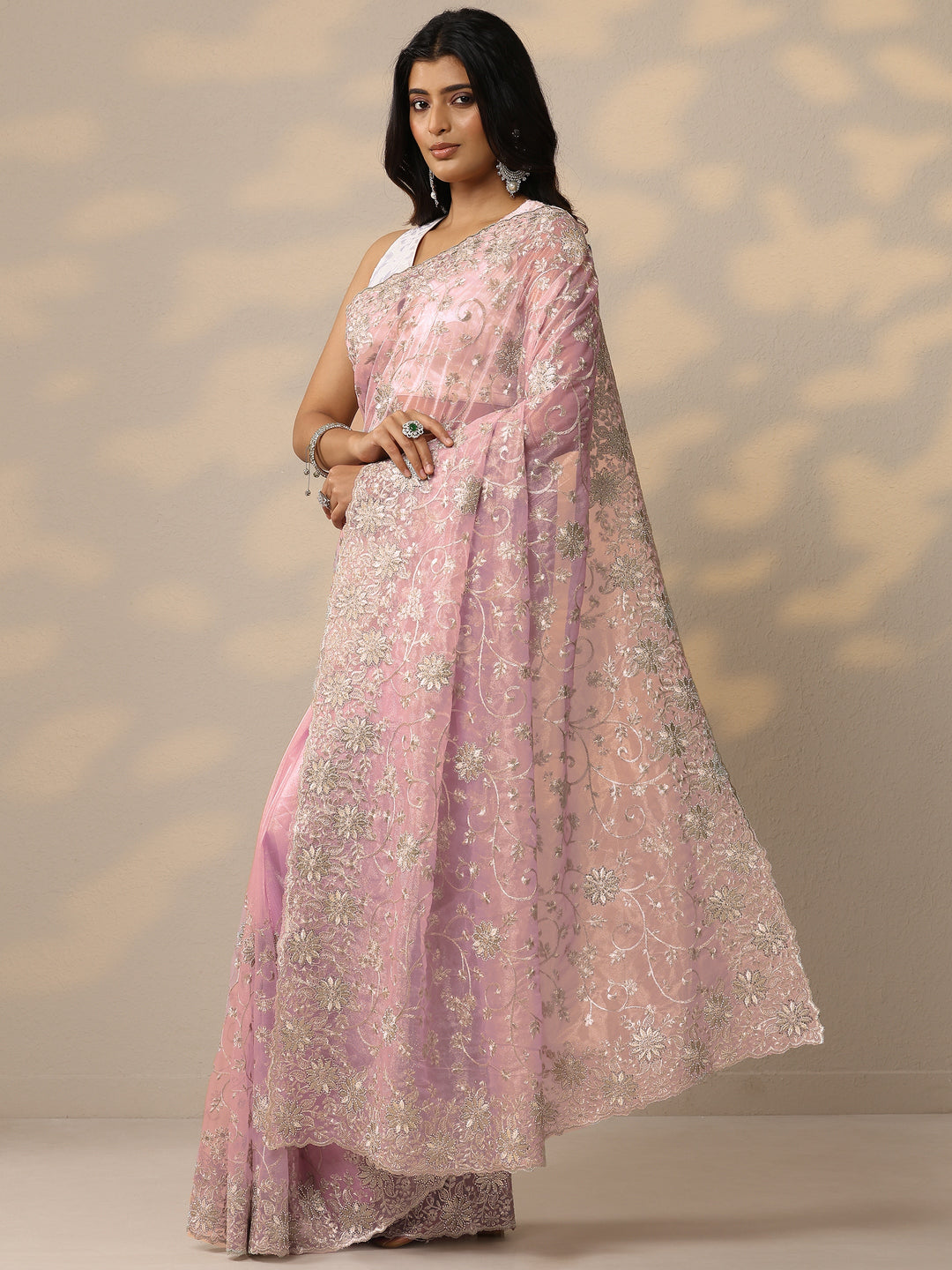 Pink Embroidered Nylon Sarees With Unstitched Blouse Piece