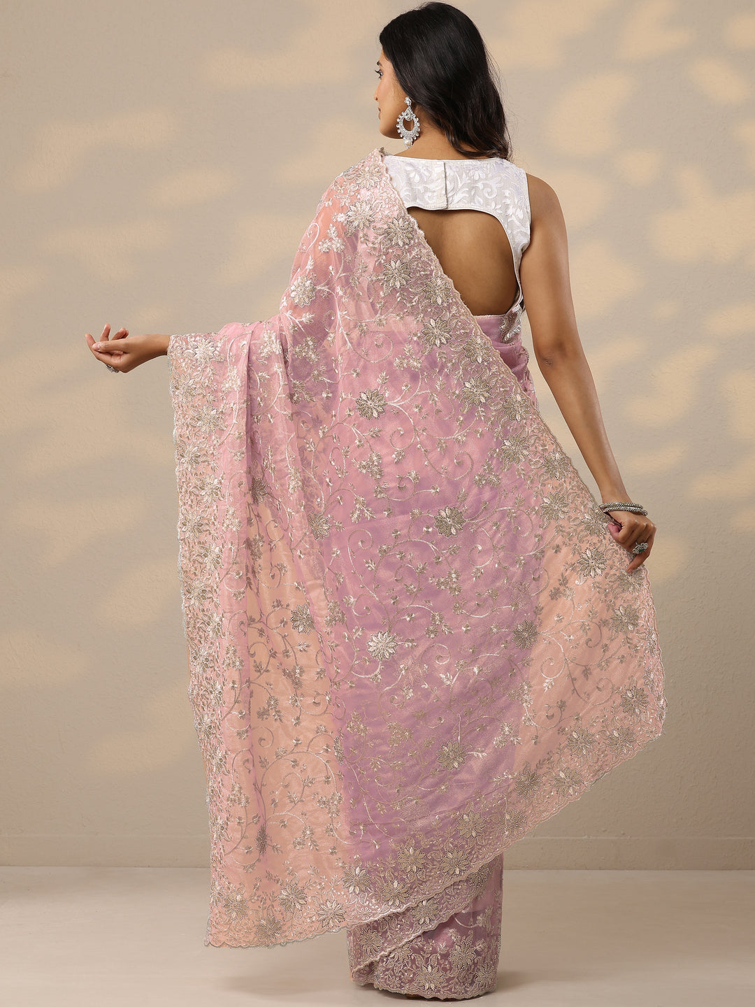 Pink Embroidered Nylon Sarees With Unstitched Blouse Piece