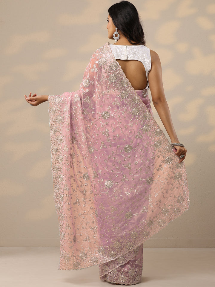 Pink Embroidered Nylon Sarees With Unstitched Blouse Piece
