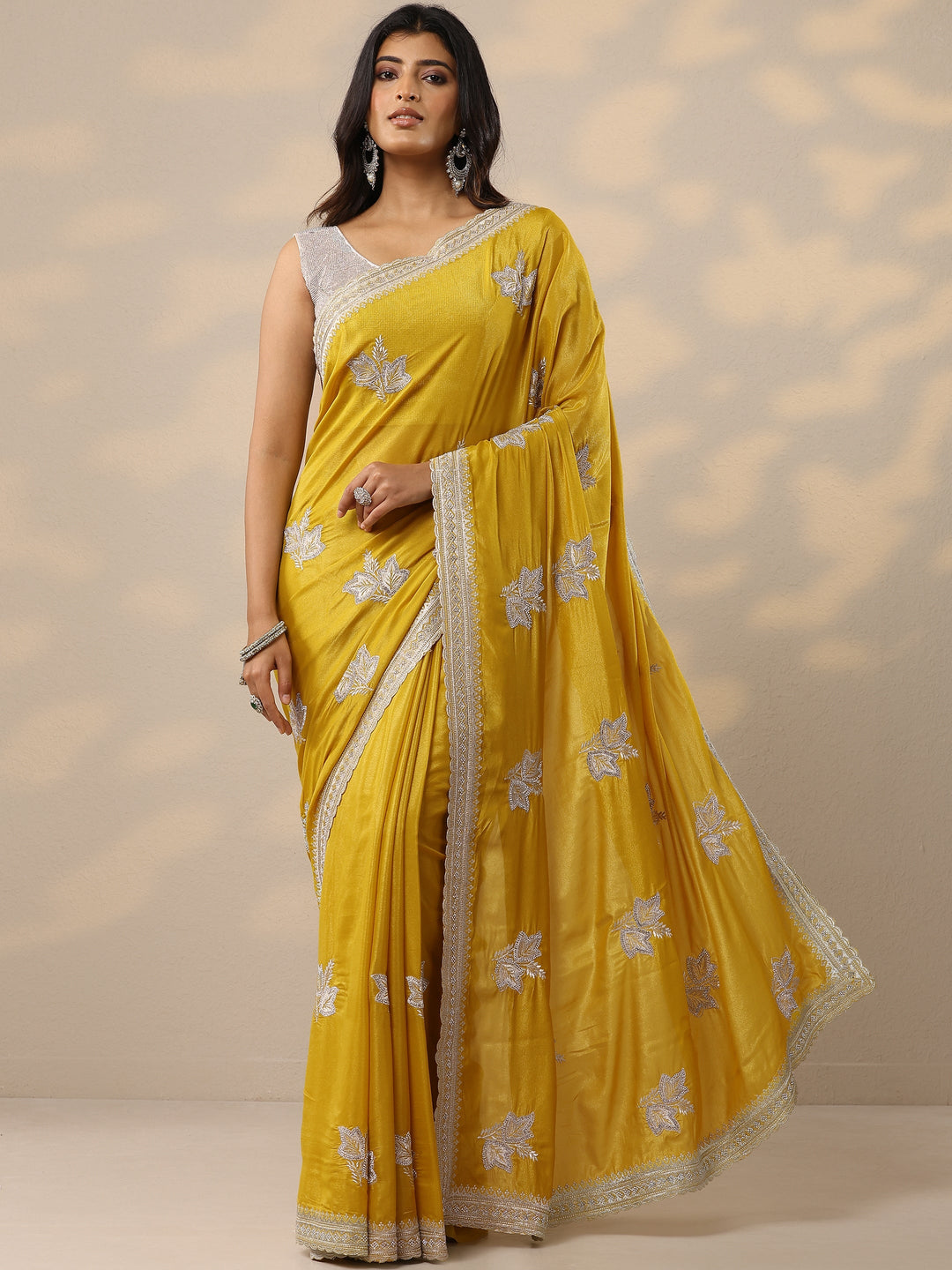 Yellow Embroidered Silk Blend Sarees With Unstitched Blouse Piece
