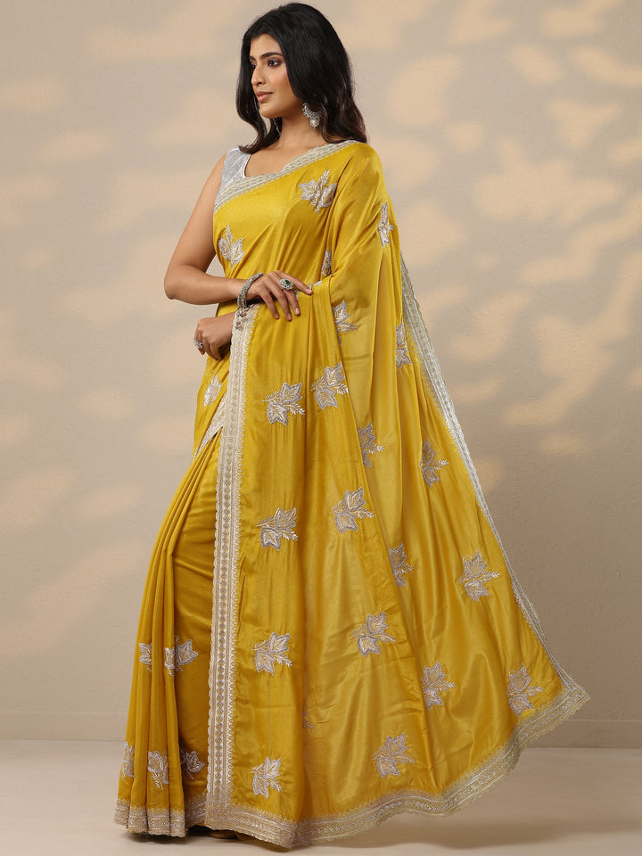 Yellow Embroidered Silk Blend Sarees With Unstitched Blouse Piece