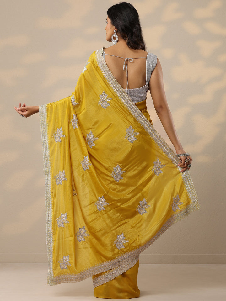 Yellow Embroidered Silk Blend Sarees With Unstitched Blouse Piece