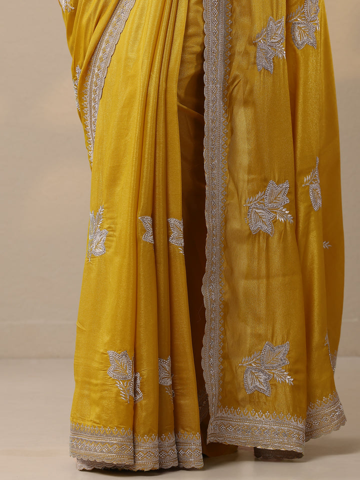 Yellow Embroidered Silk Blend Sarees With Unstitched Blouse Piece