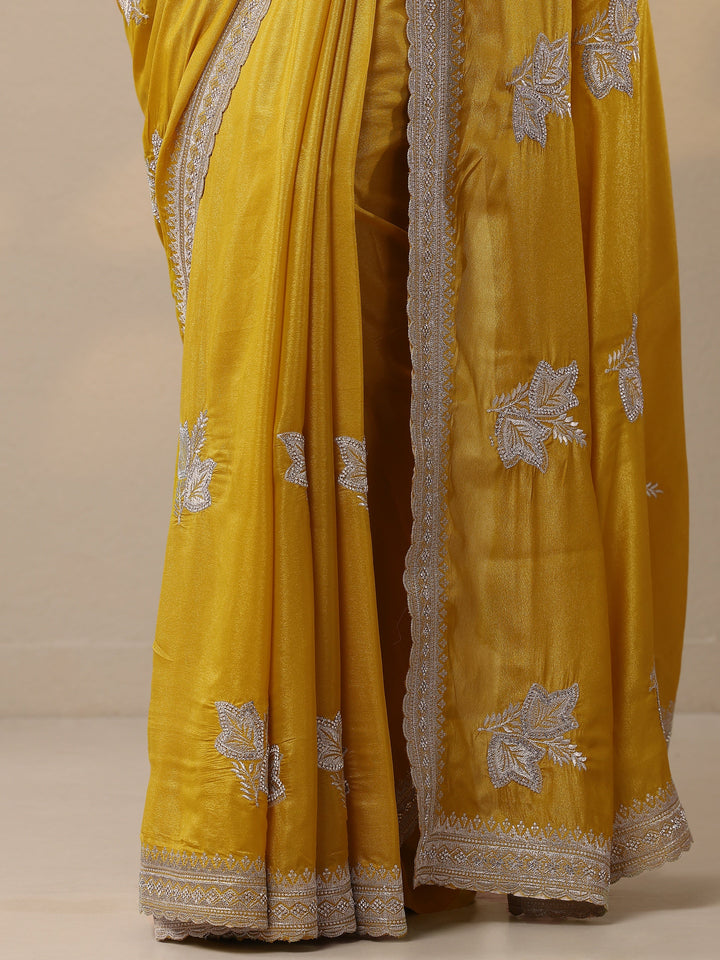 Yellow Embroidered Silk Blend Sarees With Unstitched Blouse Piece