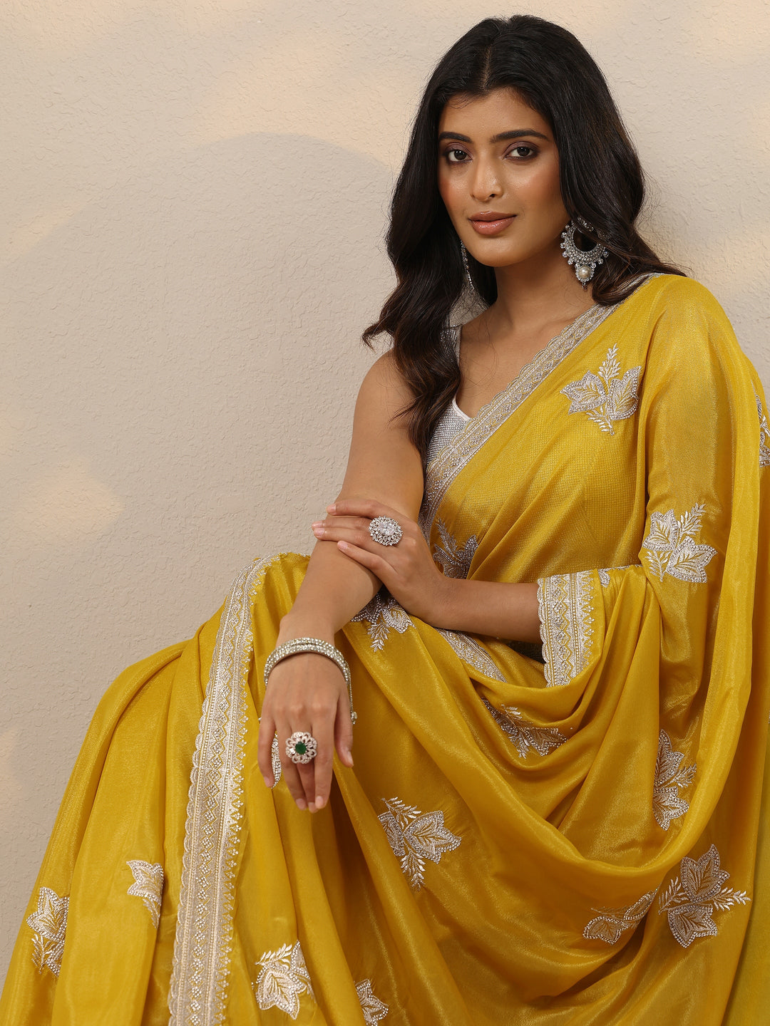 Yellow Embroidered Silk Blend Sarees With Unstitched Blouse Piece