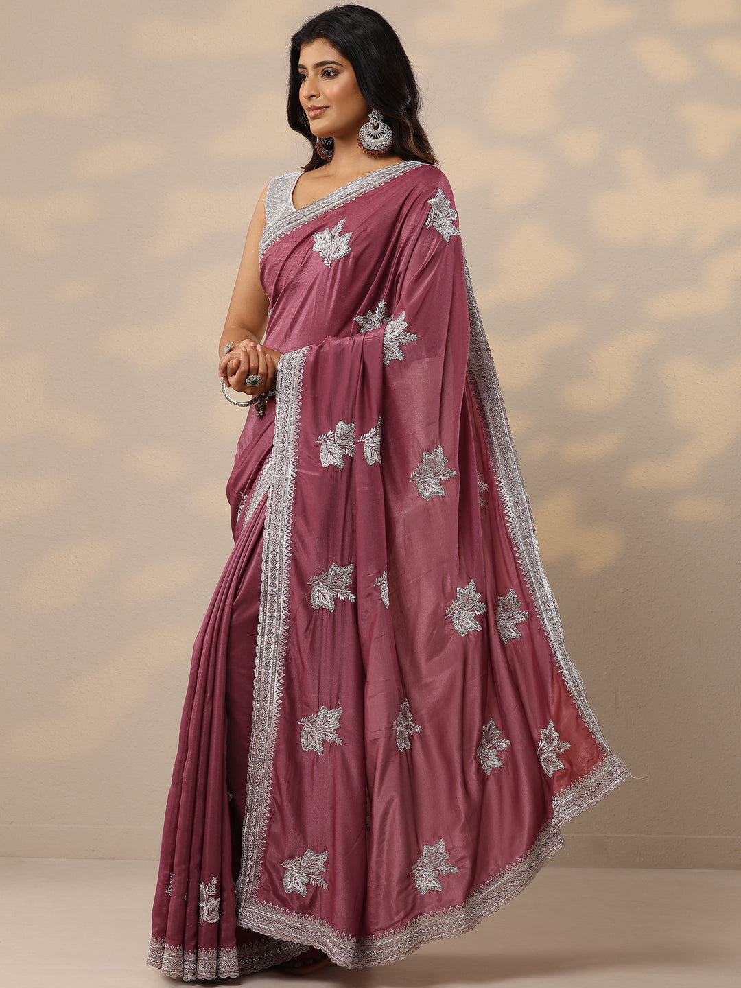 Mauve Embroidered Silk Blend Sarees With Unstitched Blouse Piece