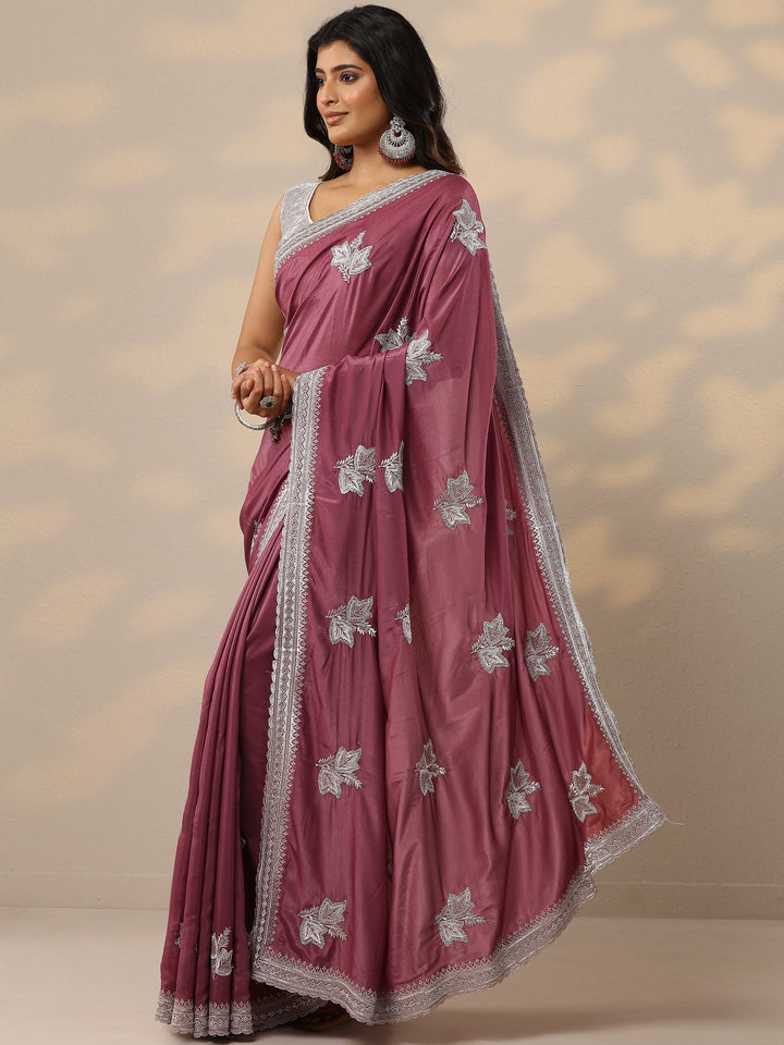 Mauve Embroidered Silk Blend Sarees With Unstitched Blouse Piece
