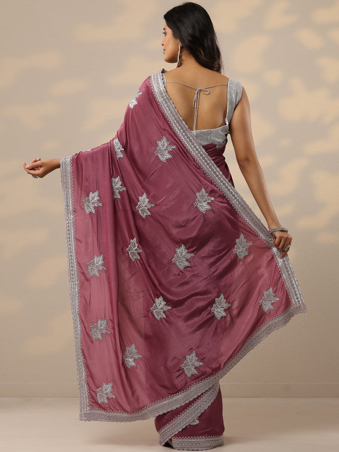 Mauve Embroidered Silk Blend Sarees With Unstitched Blouse Piece