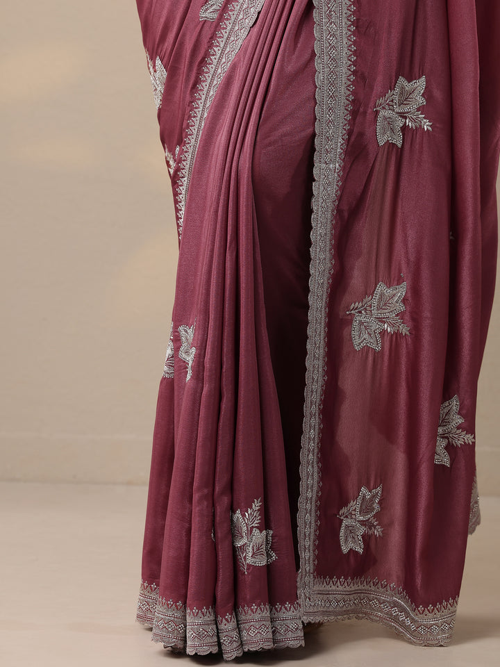 Mauve Embroidered Silk Blend Sarees With Unstitched Blouse Piece