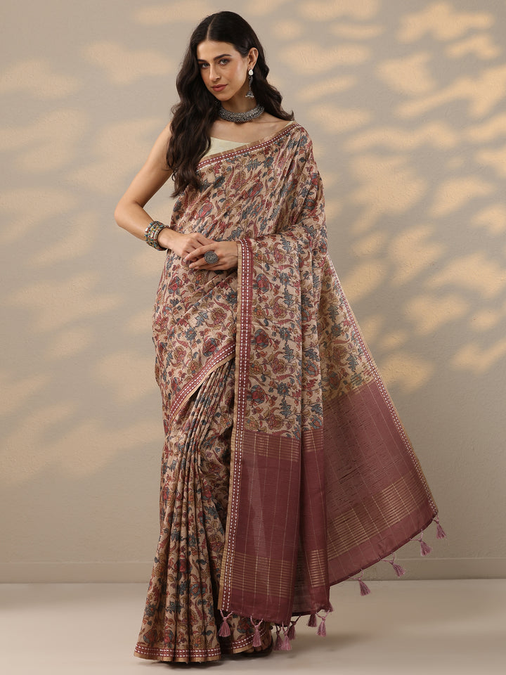 Taupe Printed Silk Blend Saree With Unstitched Blouse Piece