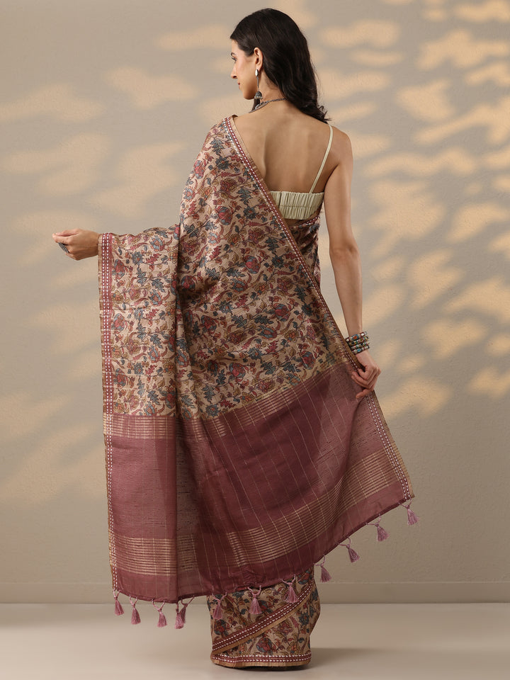 Taupe Printed Silk Blend Saree With Unstitched Blouse Piece