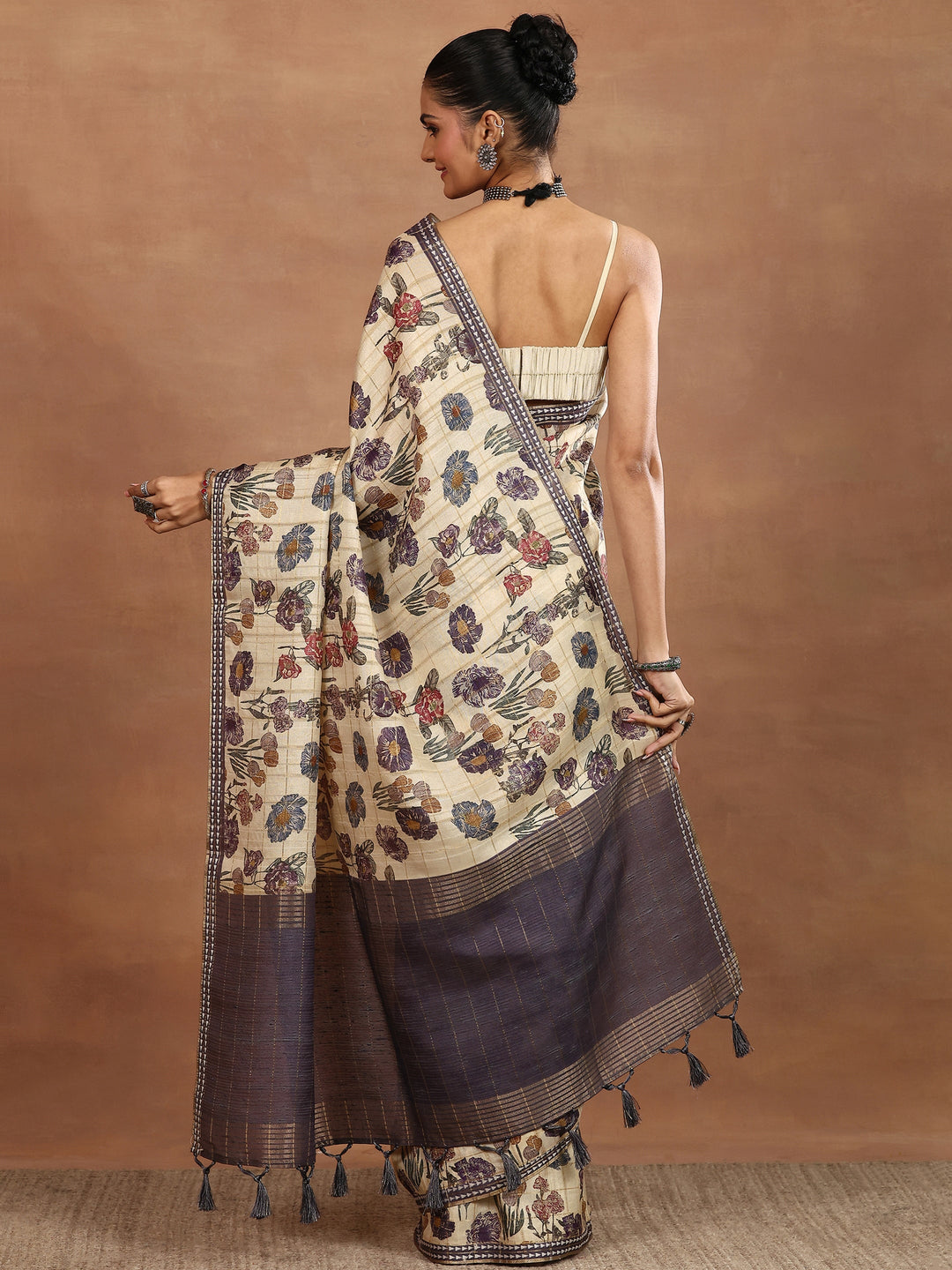 Beige Printed Silk Blend Sarees With Unstitched Blouse Piece