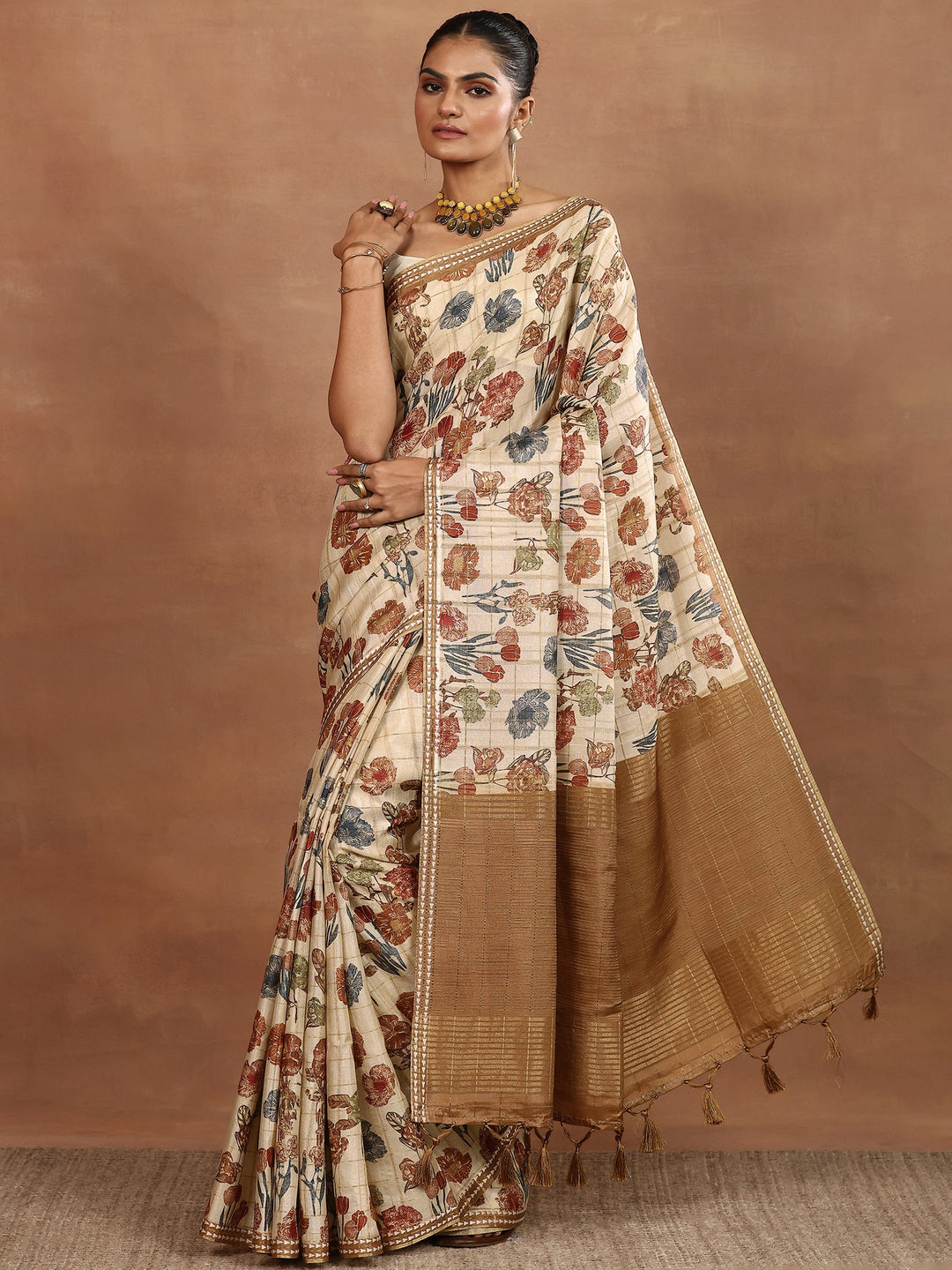 Beige Printed Silk Blend Sarees With Unstitched Blouse Piece