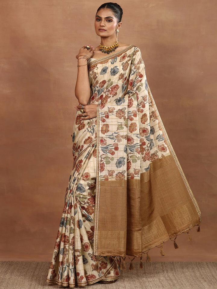 Beige Printed Silk Blend Sarees With Unstitched Blouse Piece