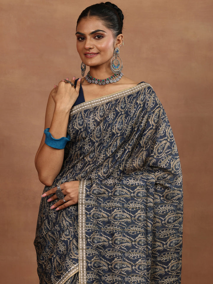 Navy Blue Printed Silk Blend Sarees With Unstitched Blouse Piece