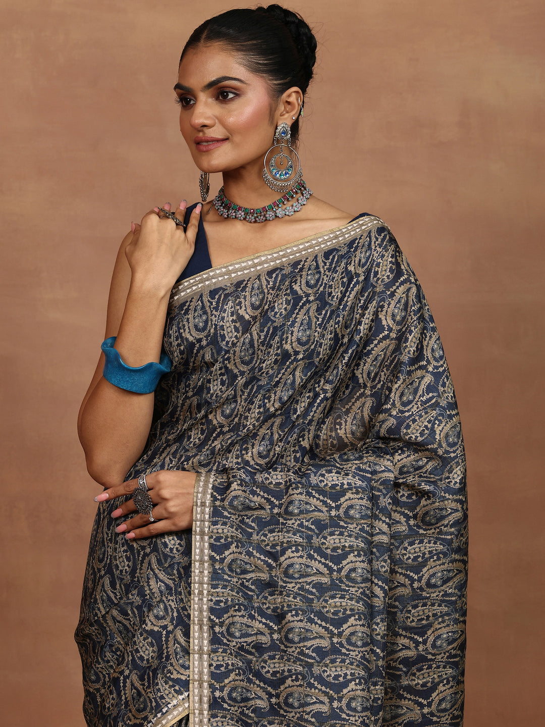 Navy Blue Printed Silk Blend Sarees With Unstitched Blouse Piece