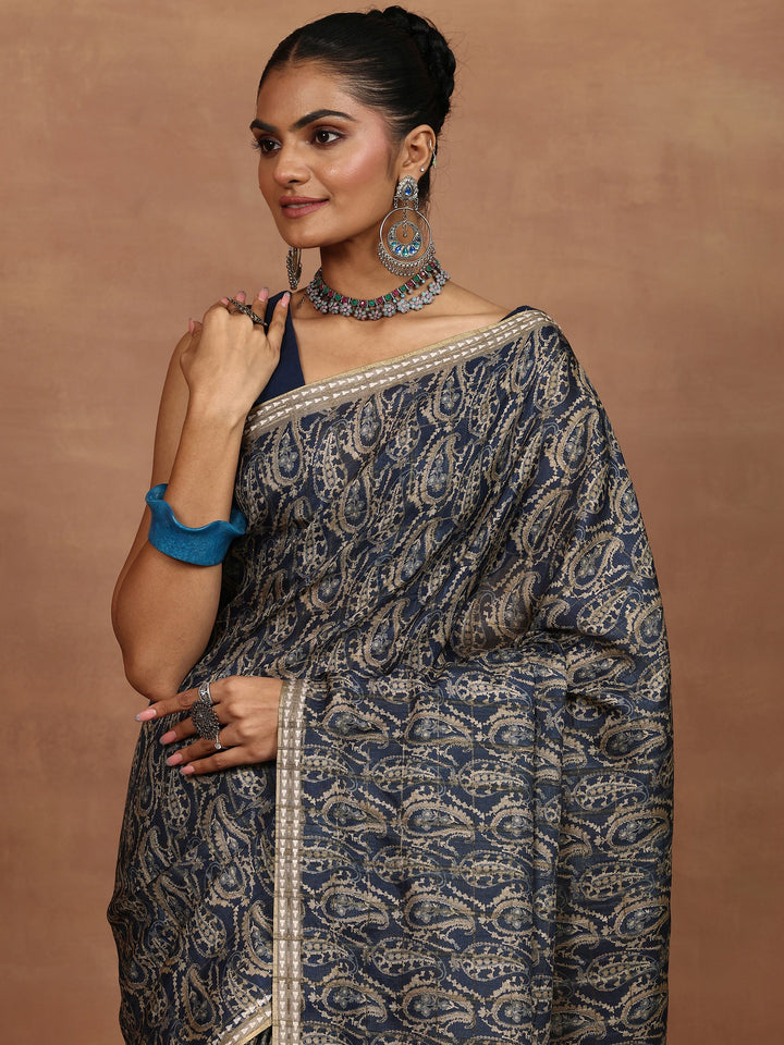 Navy Blue Printed Silk Blend Sarees With Unstitched Blouse Piece