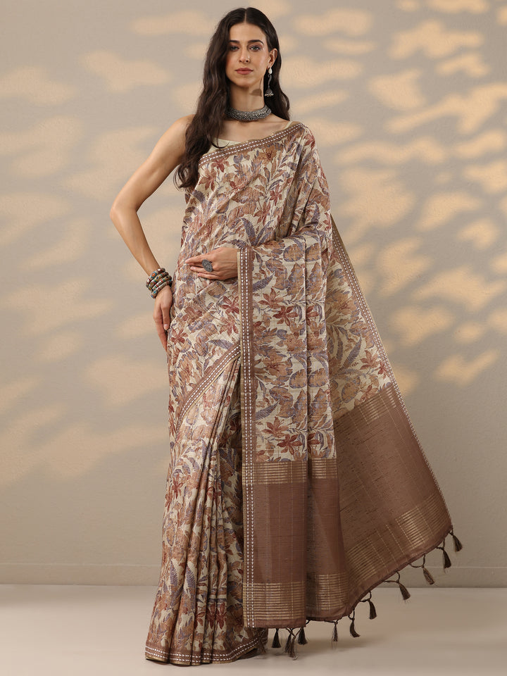 Brown Printed Silk Blend Saree With Unstitched Blouse Piece