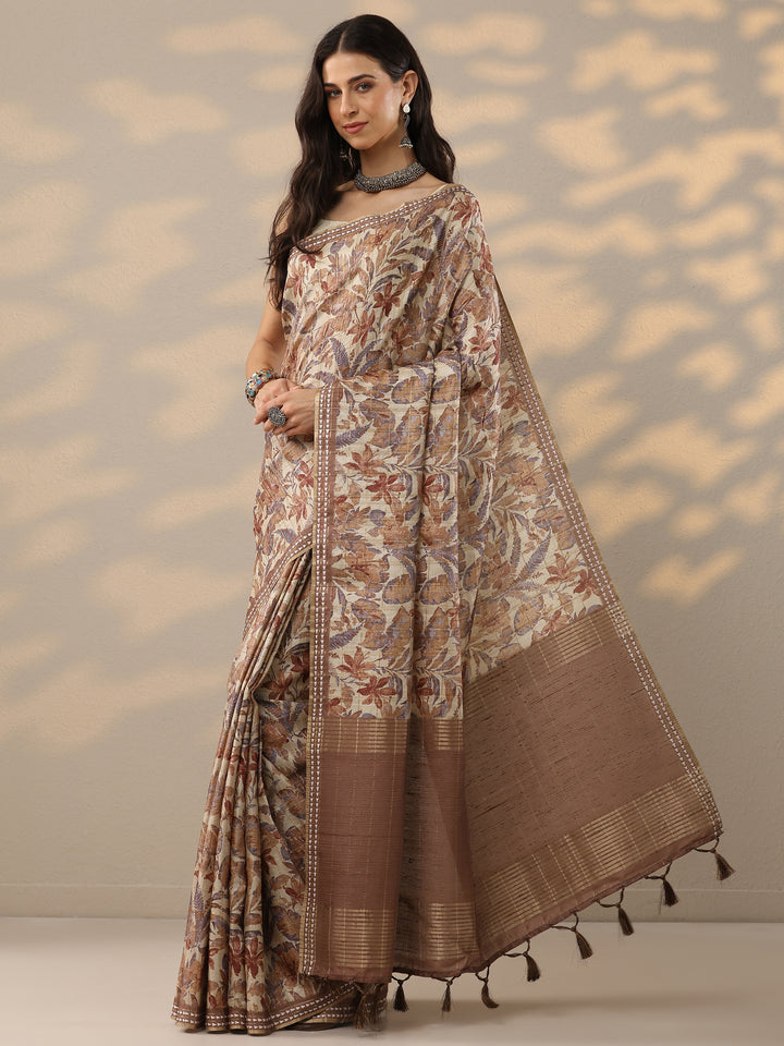 Brown Printed Silk Blend Saree With Unstitched Blouse Piece