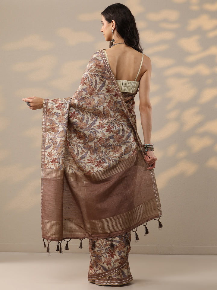 Brown Printed Silk Blend Saree With Unstitched Blouse Piece