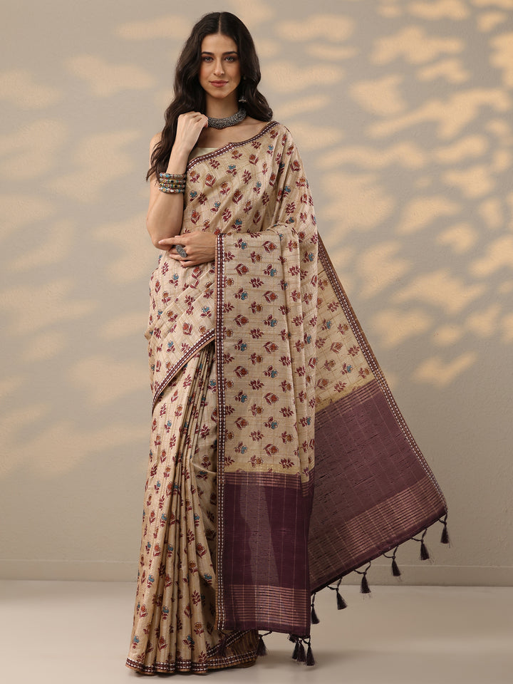 Beige Printed Silk Blend Saree With Unstitched Blouse Piece