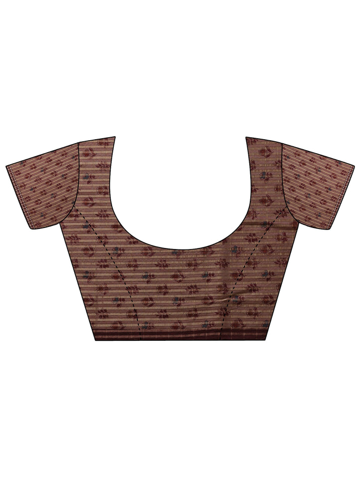 Beige Printed Silk Blend Saree With Unstitched Blouse Piece