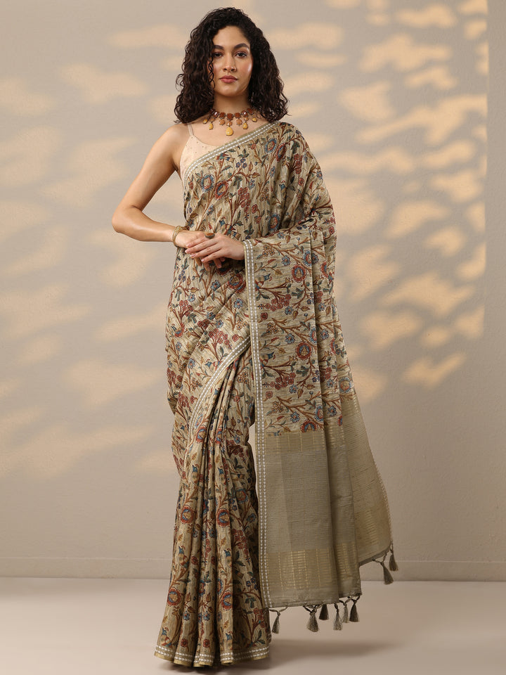 Beige Printed Silk Blend Saree With Unstitched Blouse Piece