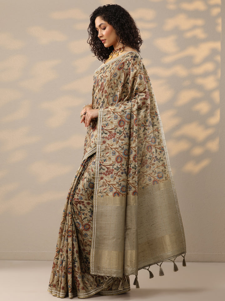 Beige Printed Silk Blend Saree With Unstitched Blouse Piece