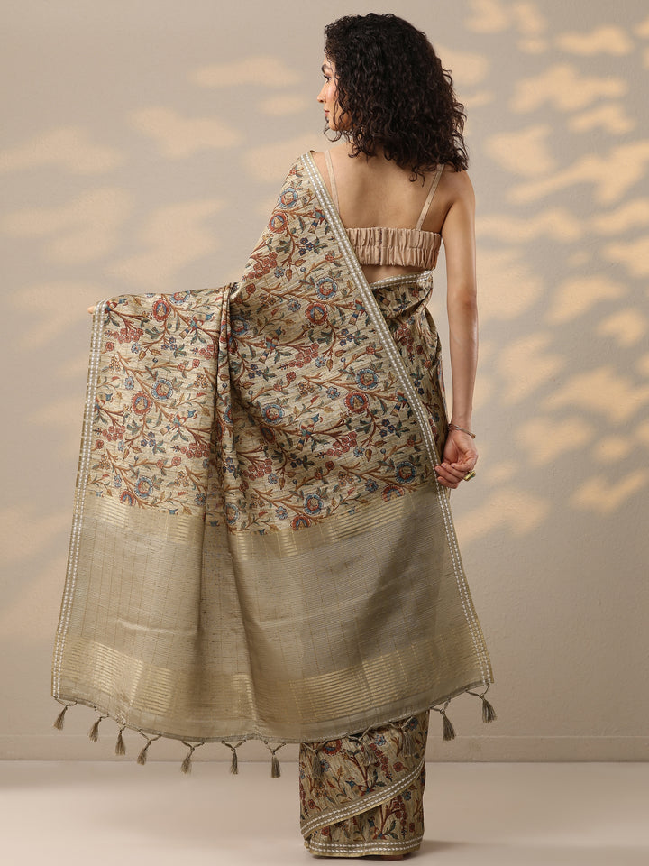 Beige Printed Silk Blend Saree With Unstitched Blouse Piece